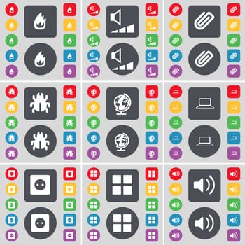 Fire, Volume, Clip, Bug, Globe, Laptop, Socket, Apps, Sound icon symbol. A large set of flat, colored buttons for your design. illustration