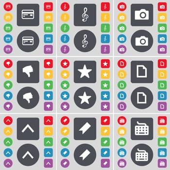 Credit card, Clef, Camera, Dislike, Star, File, Arrow up, Marker, Keyboard icon symbol. A large set of flat, colored buttons for your design. illustration