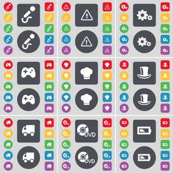 Microphone, Warning, Gear, Gamepad, Cooking hat, Silk hat, Truck, DVD, Battery icon symbol. A large set of flat, colored buttons for your design. illustration