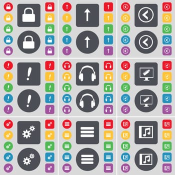 Lock, Arrow up, Arrow left, Exclamation mark, Headphones, Monitor, Gear, Apps, Music window icon symbol. A large set of flat, colored buttons for your design. illustration