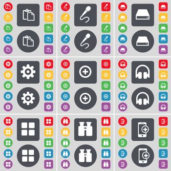 Survey, Microphone, Hard drive, Gear, Plus, Headphones, Apps, Binoculars, Smartphone icon symbol. A large set of flat, colored buttons for your design. illustration