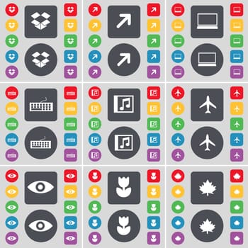 box, Full screen, Laptop, Keyboard, Music window, Airplane, Vision, Flower, Maple leaf icon symbol. A large set of flat, colored buttons for your design. illustration