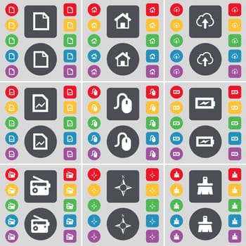 File, House, Cloud, Graph file, Mouse, Charging, Radio, Compass, Brush icon symbol. A large set of flat, colored buttons for your design. illustration