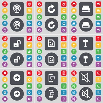 Wi-Fi, Reload, Hard drive, Lock, Media file, Signpost, Back, SMS, Mute icon symbol. A large set of flat, colored buttons for your design. illustration