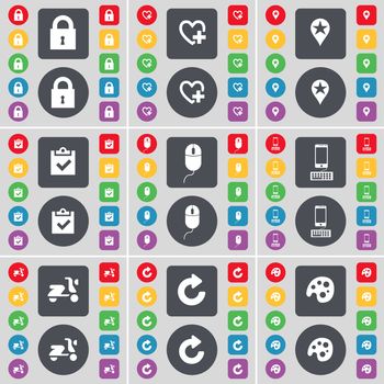 Lock, Heart, Checkpoint, Survey, Mouse, Smartphone, Scooter, Reload, Palette icon symbol. A large set of flat, colored buttons for your design. illustration