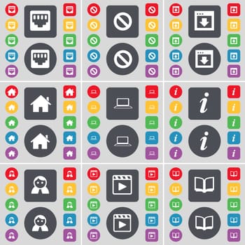 LAN socket, Stop, Window, House, Laptop, Information, Avatar, Media player, Book icon symbol. A large set of flat, colored buttons for your design. illustration