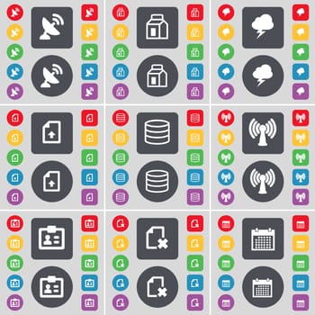 Satellite dish, Packing, Lightning, Upload file, Database, Wi-Fi, Contact, File, Calendar icon symbol. A large set of flat, colored buttons for your design. illustration