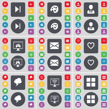 Media skip, Palette, Avatar, Monitor, Message, Heart, Lightning, Monitor, Apps icon symbol. A large set of flat, colored buttons for your design. illustration