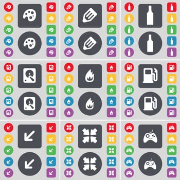 Palette, Pencil, Bottle, Hard drive, Fire, Gas station, Deploying screen, Gamepad icon symbol. A large set of flat, colored buttons for your design. illustration