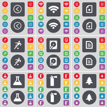Arrow left, Wi-Fi, Upload file, Silhouette, Text file, Flask, Fire extinguisher, Firtree icon symbol. A large set of flat, colored buttons for your design. illustration