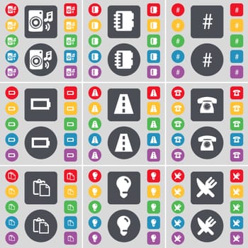 Speaker, Marker, Hashtag, Battery, Road, Retro phone, Survey, Light bulb, Fork and knife icon symbol. A large set of flat, colored buttons for your design. illustration
