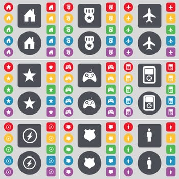 House, Medal, Airplane, Star, Gamepad, Player, Flash, Police badge, Silhouette icon symbol. A large set of flat, colored buttons for your design. illustration