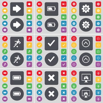 Arrow right, Battery, Gear, Silhouette, Tick, Arrow right, Battery, Stop, Monitor icon symbol. A large set of flat, colored buttons for your design. illustration