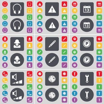 Headphones, Warning, Calendar, Avatar, Pencil, Parking, Volume, Pizza, Wrench icon symbol. A large set of flat, colored buttons for your design. illustration