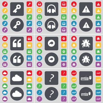 Key, Headphones, Warning, Quotation mark, Back, Bug, Cloud, Question mark, Keyboard icon symbol. A large set of flat, colored buttons for your design. illustration