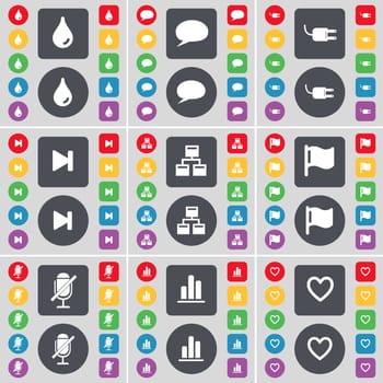 Drop, Chat bubble, Socket, Media skip, Network, Flag, Microphone, Diagram, Heart icon symbol. A large set of flat, colored buttons for your design. illustration