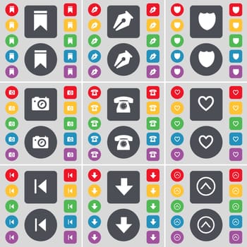 Marker, Ink pen, Badge, Camera, Retro phone, Heart, Media skip, Arrow down, Arrow up icon symbol. A large set of flat, colored buttons for your design. illustration