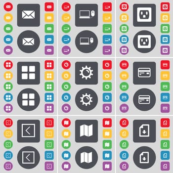 Message, Laptop, Socket, Apps, Gear, Credit card, Arrow left, Map, Download file icon symbol. A large set of flat, colored buttons for your design. illustration