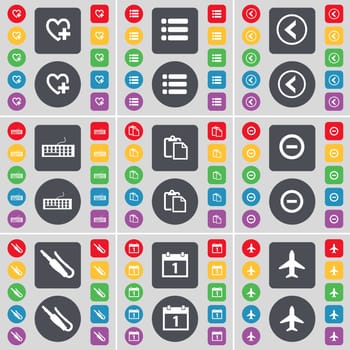 Heart, List, Arrow left, Keyboard, Survey, Minus, Microphone connector, Calendar, Airplane icon symbol. A large set of flat, colored buttons for your design. illustration