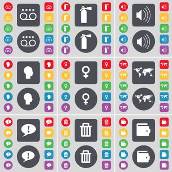 Cassette, Fire extinguisher, Sound, Silhouette, Globe, Chat bubble, Trash can, Wallet icon symbol. A large set of flat, colored buttons for your design. illustration