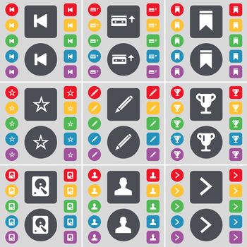 Media skip, Cassette, Marker, Star, Pencil, Cup, Hard drive, Avatar, Arrow right icon symbol. A large set of flat, colored buttons for your design. illustration