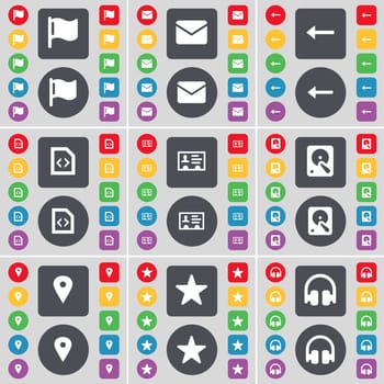Flag, Message, Arrow left, File, Contact, Hard drive, Checkpoint, Star, Headphones icon symbol. A large set of flat, colored buttons for your design. illustration