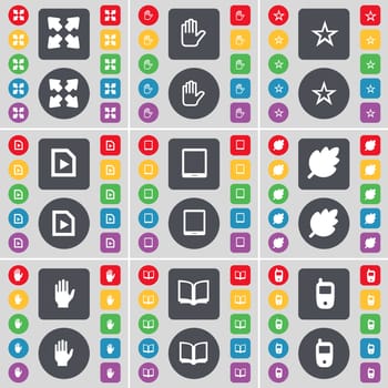 Full screen, Hand, Star, Media file, Tablet PC, Leaf, Hand, Book, Mobile phone icon symbol. A large set of flat, colored buttons for your design. illustration