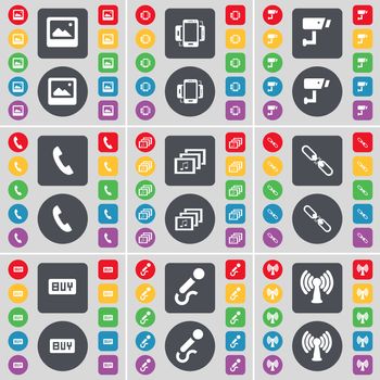 Window, Smartphone, CCTV, Receiver, Gallery, Link, Buy, Microphone, Wi-Fi icon symbol. A large set of flat, colored buttons for your design. illustration