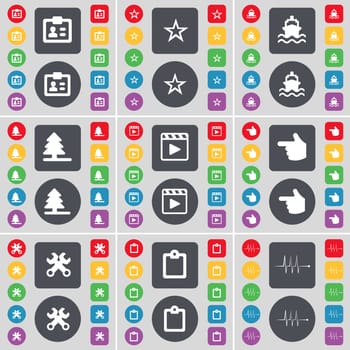 Contact, Star, Ship, Firtree, Media player, Hand, Wrench, Survey, Pulse icon symbol. A large set of flat, colored buttons for your design. illustration