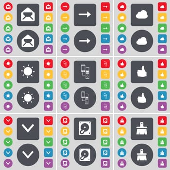 Message, Arrow right, Cloud, Light, Connection, Like, Arrow down, Hard drive, Brush icon symbol. A large set of flat, colored buttons for your design. illustration
