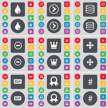 Drop, Arrow right, Database, Minus, Crown, Moving, Buy, Medal, Hashtag icon symbol. A large set of flat, colored buttons for your design. illustration