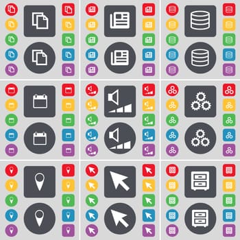 Copy, Newspaper, Database, Calendar, Volume, Gear, Checkpoint, Cursor, Bed-Table icon symbol. A large set of flat, colored buttons for your design. illustration