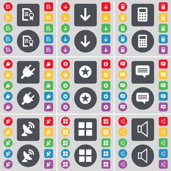 Text file, Arrow down, Calculator, Socket, Star, Chat bubble, Satellite dish, Apps, Sound icon symbol. A large set of flat, colored buttons for your design. illustration