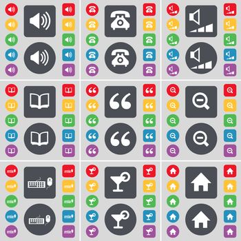 Sound, Retro phone, Volume, Book, Quotation mark, Magnifying glass, Keyboard, Cocktail, House icon symbol. A large set of flat, colored buttons for your design. illustration
