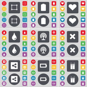 Frame, Battery, Heart, Drop, Wi-Fi, Stop, Share, Battery, Gift icon symbol. A large set of flat, colored buttons for your design. illustration