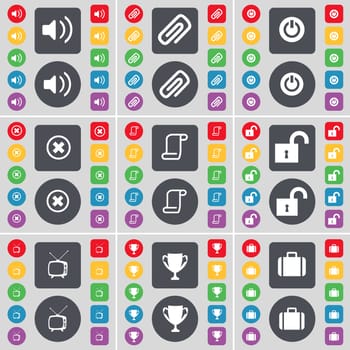 Sound, Clip, Power, Stop, Scroll, Lock, Retro TV, Cup, Suitcase icon symbol. A large set of flat, colored buttons for your design. illustration