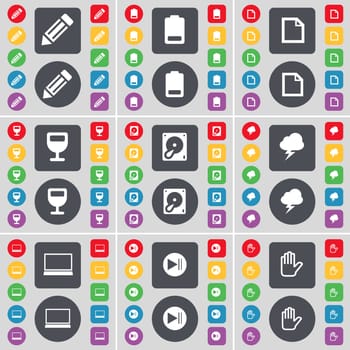 Pencil, Battery, File, Wineglass, Hard drive, Lightning, Laptop, Media skip, Hand icon symbol. A large set of flat, colored buttons for your design. illustration