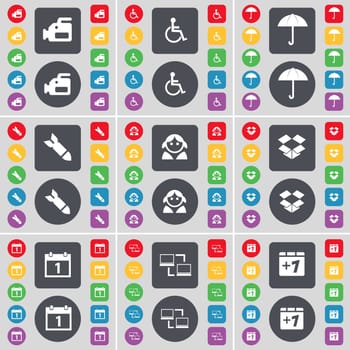 Film camera, Disabled person, Umbrella, Rocket, Avatar, Dropbox, Calendar, Connection, Plus one icon symbol. A large set of flat, colored buttons for your design. illustration