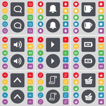 Chat bubble, Notification, Cup, Sound, Media skip, Charging, Arrow up, Scroll, Basket icon symbol. A large set of flat, colored buttons for your design. illustration