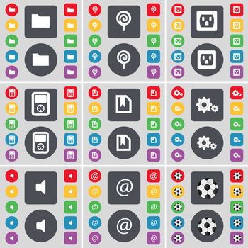 Folder, Lollipop, Socket, Player, File, Gear, Sound, Mail, Ball icon symbol. A large set of flat, colored buttons for your design. illustration