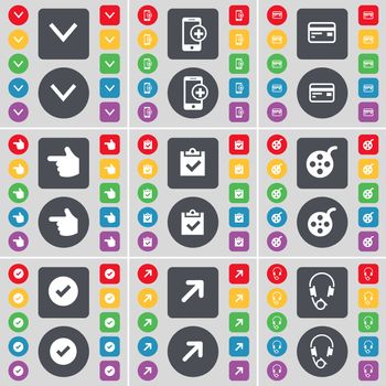 Arrow down, Smartphone, Credit card, Hand, Survey, Videotape, Tick, Full screen, Headphones icon symbol. A large set of flat, colored buttons for your design. illustration