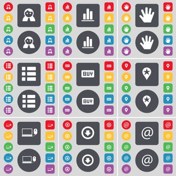 Avatar, Diagram, Hand, List, Buy, Checkpoint, Laptop, Arrow down, Mail icon symbol. A large set of flat, colored buttons for your design. illustration