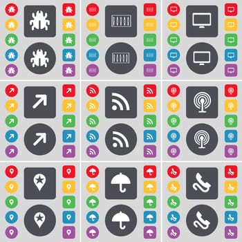 Bug, Equalizer, Monitor, Full screen, RSS, Wi-Fi, Checkpoint, Umbrella, Receiver icon symbol. A large set of flat, colored buttons for your design. illustration