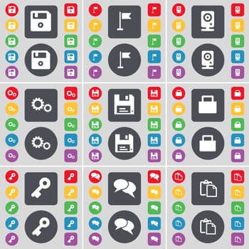 Floppy, Golf hole, Speaker, Gear, Floppy, Lock, Key, Chat, Survey icon symbol. A large set of flat, colored buttons for your design. illustration