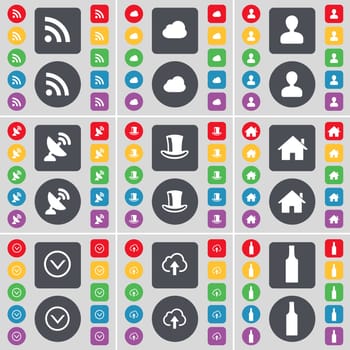 RSS, Cloud, Avatar, Satellite dish, Silk hat, House, Arrow down, Cloud, Bottle icon symbol. A large set of flat, colored buttons for your design. illustration