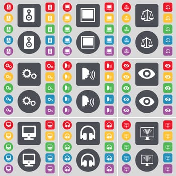 Speaker, Window, Scales, Gear, Talk, Vision, Monitor, Headphones icon symbol. A large set of flat, colored buttons for your design. illustration