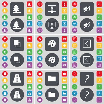 Firtree, Monitor, Mute, Copy, Palette, Arrow left, Road, Folder, Question mark icon symbol. A large set of flat, colored buttons for your design. illustration