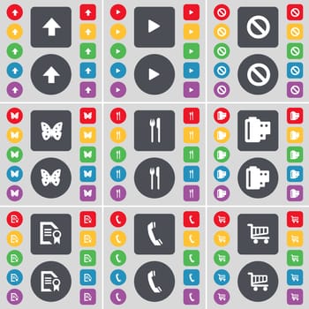 Arrow up, Media play, Stop, Butterfly, Fork and knife, Negative films, Text file, Receiver, Shopping cart icon symbol. A large set of flat, colored buttons for your design. illustration
