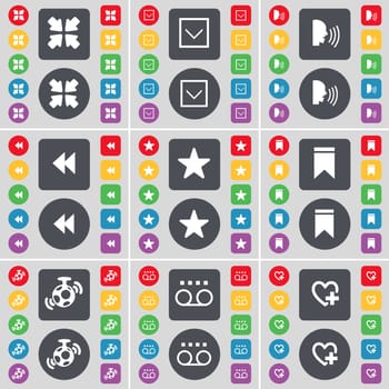 Deploying screen, Arrow down, Talk, Rewind, Star, Marker, Speaker, Cassette, Heart icon symbol. A large set of flat, colored buttons for your design. illustration