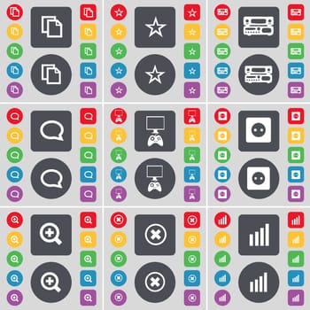 Copy, Star, Record-player, Chat bubble, Game console, Socket, Magnifying glass, Stop, Diagram icon symbol. A large set of flat, colored buttons for your design. illustration